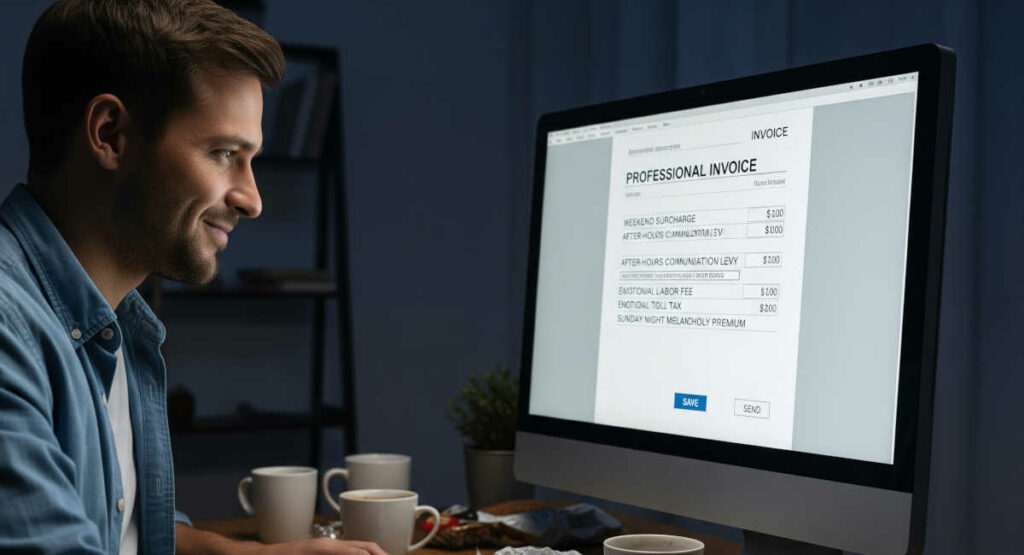 Man in front of monitor smiling over the document he created.