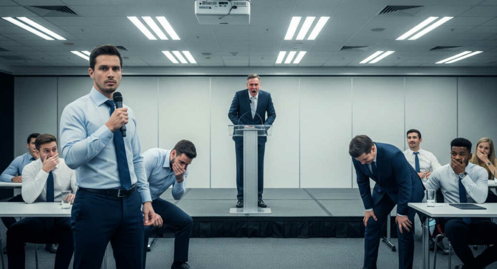 Employees on a meeting in the office with boss on the stage.