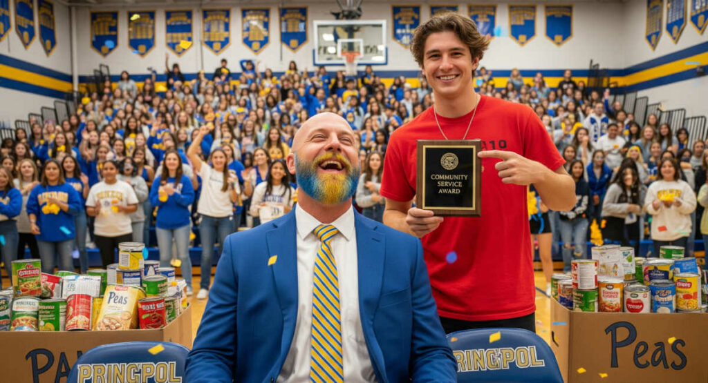 Principal with his favorite student and cheering crowd behind them.