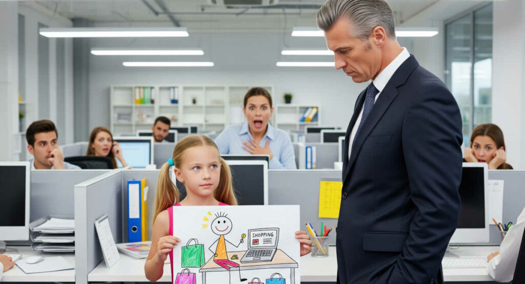 Child in the office holding her drawing next to her mom's colleagues.