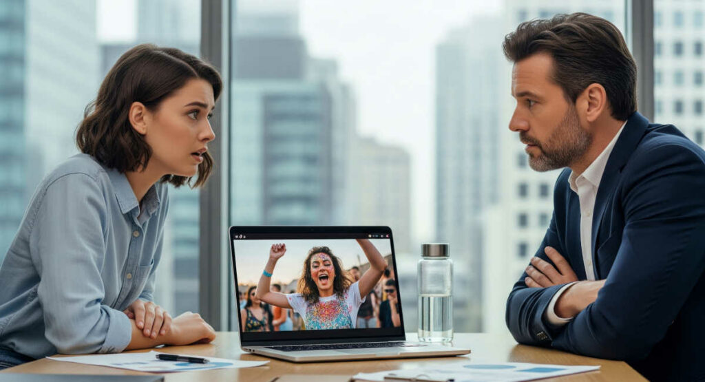Boss talks with his employee in the office showing her video on a laptop.