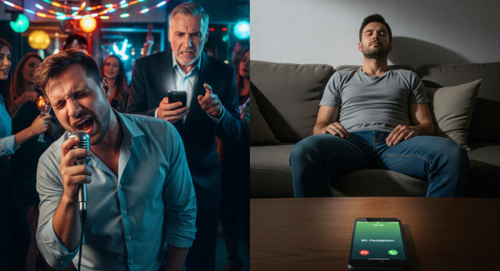 Office integration party and exhausted employee with ringing phone.