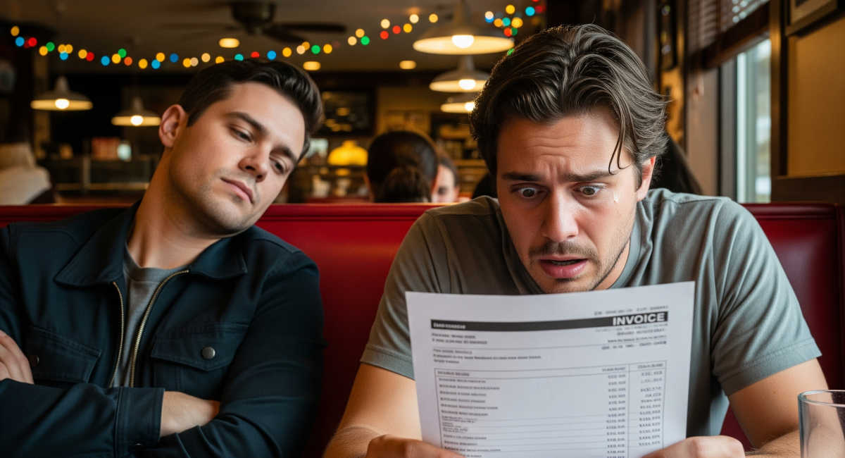 Two friends sitting at the bar with one of them shocked by the invoice.