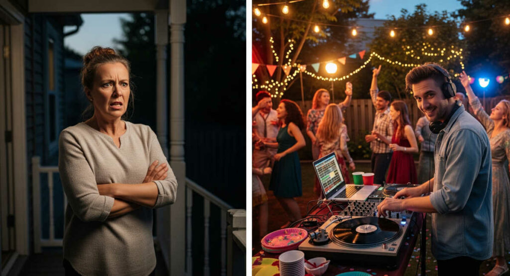 On the left angry woman on the porch. On the right party with smiling DJ.