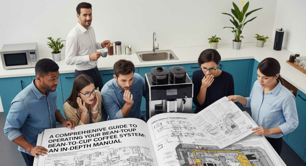 Office workers gathered next to huge instruction how to make coffee.