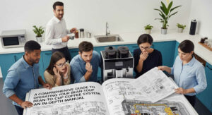 Office workers gathered next to huge instruction how to make coffee.