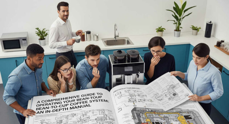 Office workers gathered next to huge instruction how to make coffee.