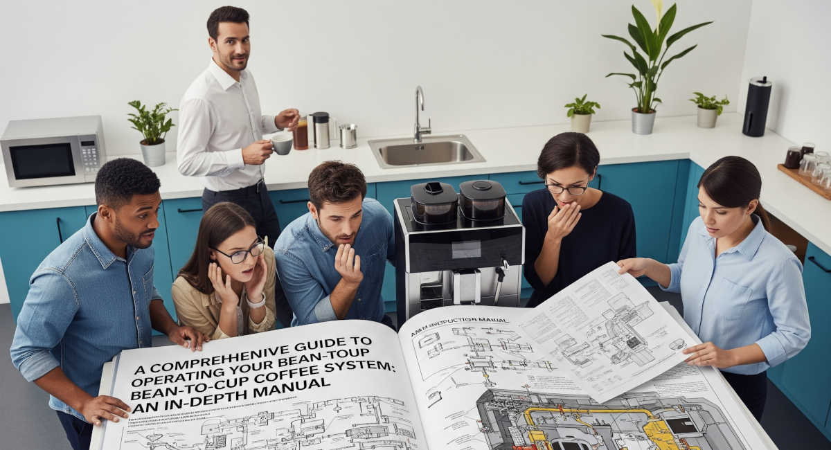 Office workers gathered next to huge instruction how to make coffee.