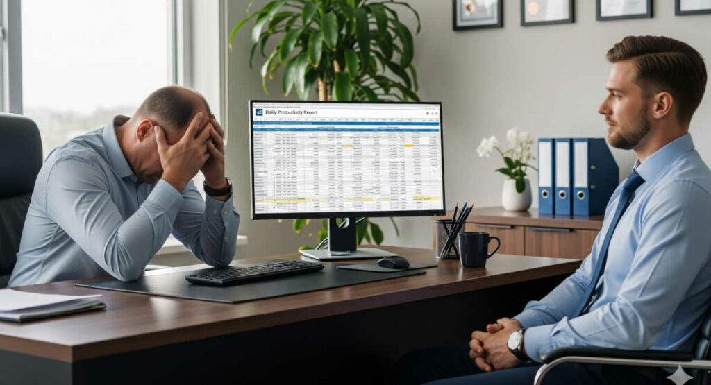 Employee with his boss in the office. Boss has hands on his face due to employee's revenge.