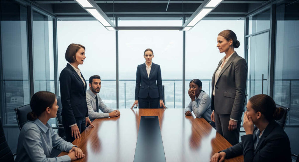 Meeting room confrontation of 2 employees.