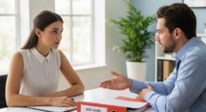 HR with employee confronting in the office.