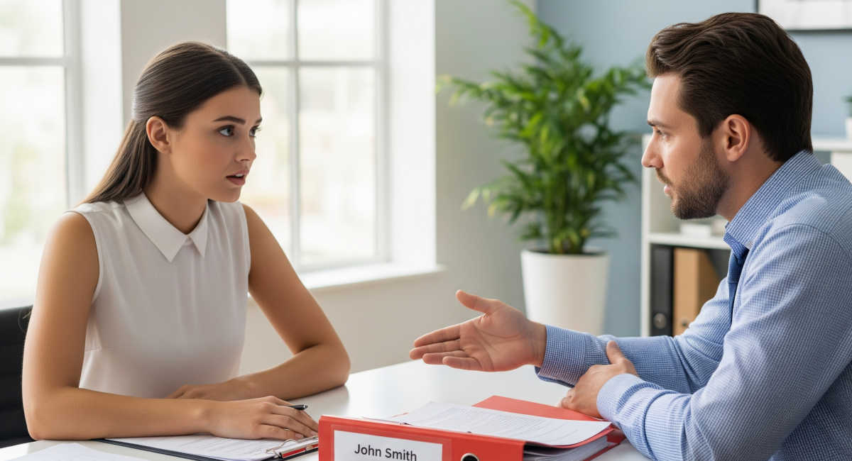 HR with employee confronting in the office.