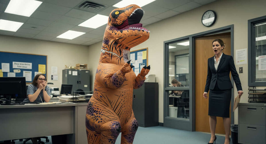 Student in the office wearing dinosaur costume with office worker shocked right next to her.