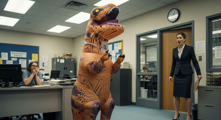 Student in the office wearing dinosaur costume with office worker shocked right next to her.