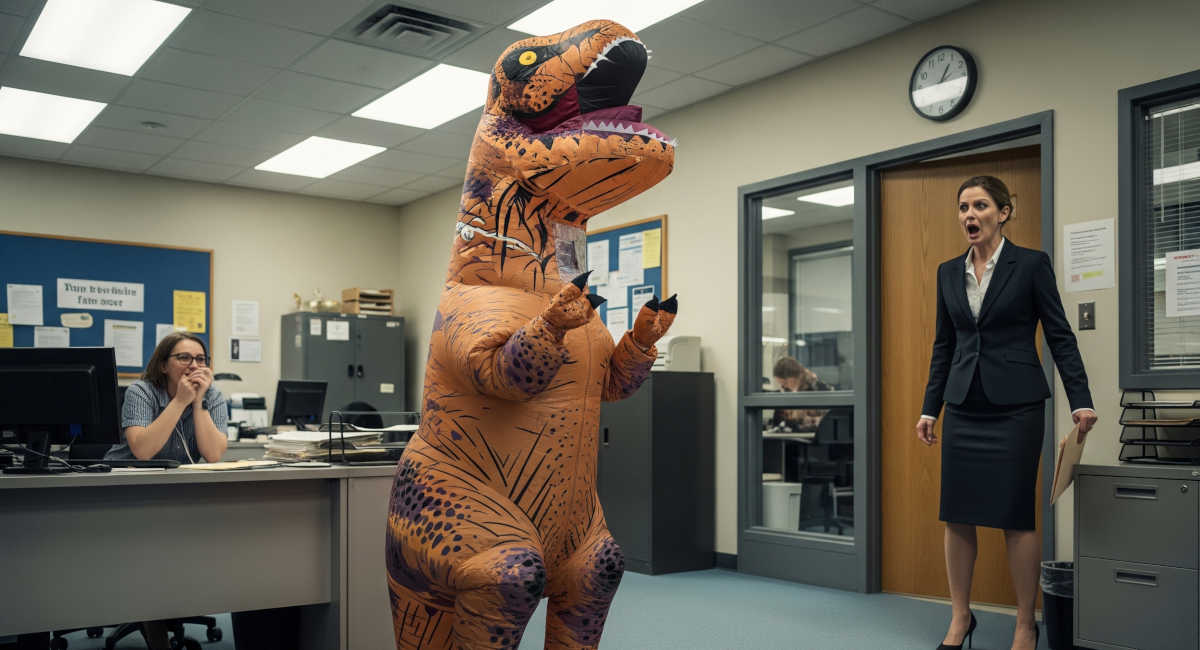 Student in the office wearing dinosaur costume with office worker shocked right next to her.