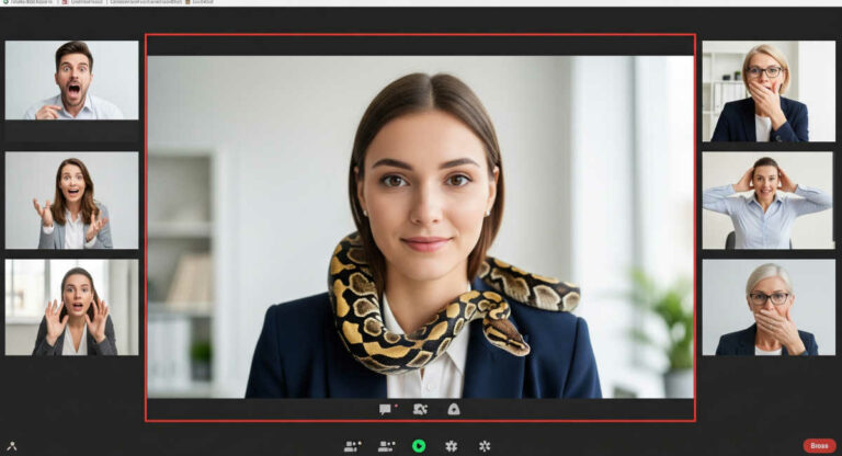 People in zoom meeting. Woman in the main screen has snake on her as a pet.