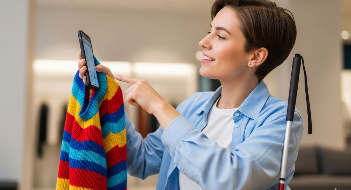 A visually impaired person uses a smartphone with a color identifier app while touching a colorful sweater, showcasing technology that aids accessibility.