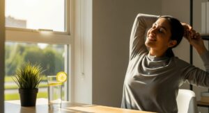 A person looking refreshed and energized while taking a short break at their bright and modern desk, illustrating how to beat the afternoon slump at work.