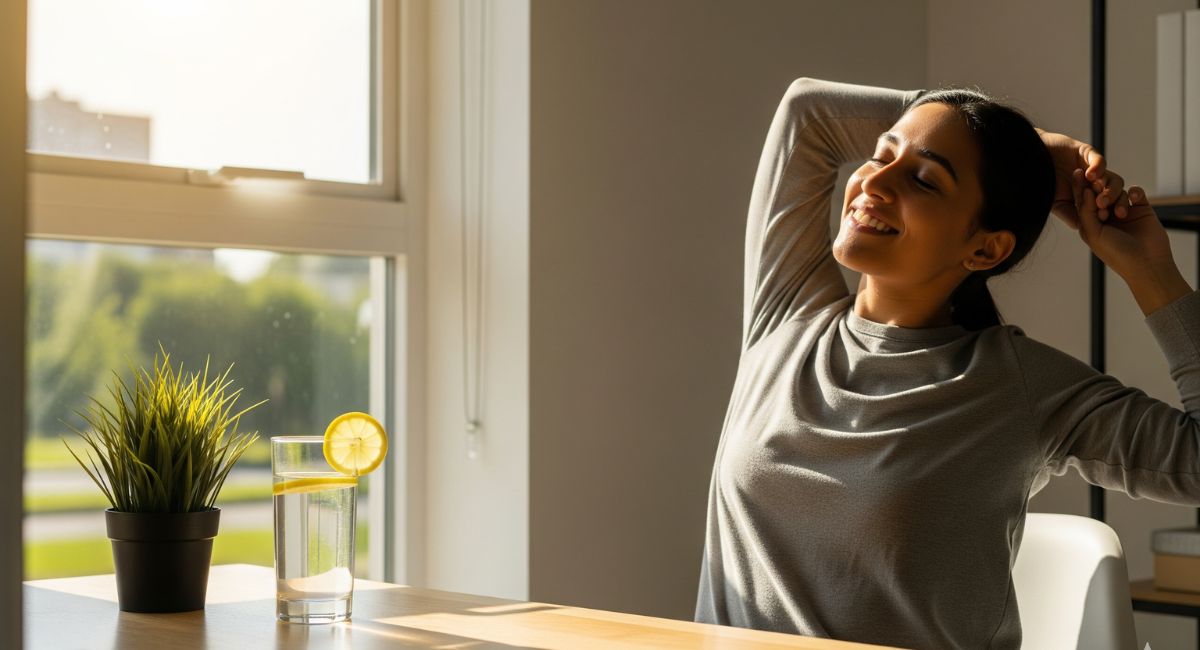 A person looking refreshed and energized while taking a short break at their bright and modern desk, illustrating how to beat the afternoon slump at work.