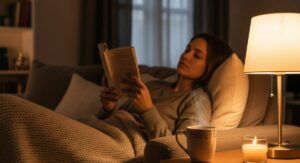 A person relaxing on a cozy sofa with a cup of tea and a book, enjoying a peaceful Sunday evening to beat the 'Sunday Scaries'.