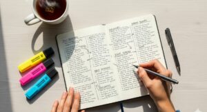 A person's hands performing a 'brain dump' by writing down thoughts and to-do lists in a notebook to clear their mind and reduce stress.
