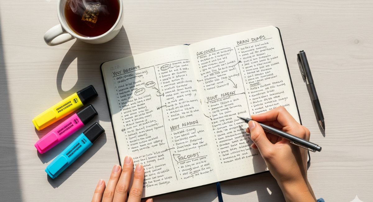 A person's hands performing a 'brain dump' by writing down thoughts and to-do lists in a notebook to clear their mind and reduce stress.