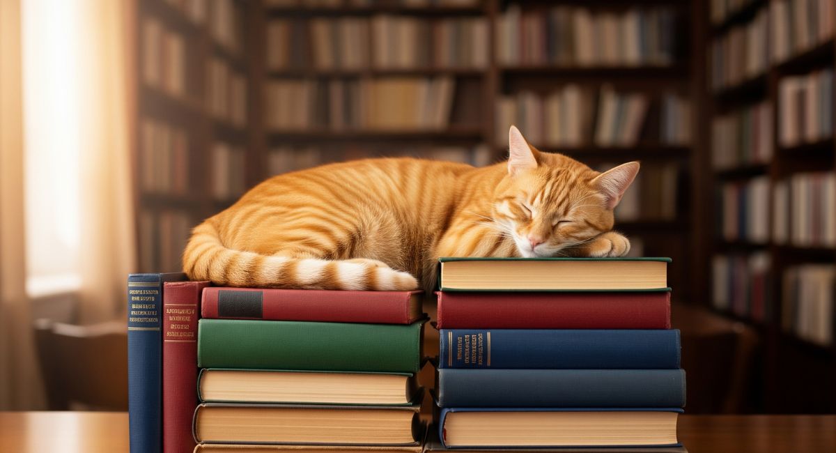 A friendly and content-looking cat napping peacefully on a stack of books in a cozy library, with rows of bookshelves in the background.