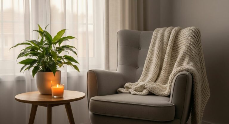 A cozy and serene corner of a room with a comfortable armchair, a soft knit blanket, green plants, and natural light, creating a calm and peaceful home environment.