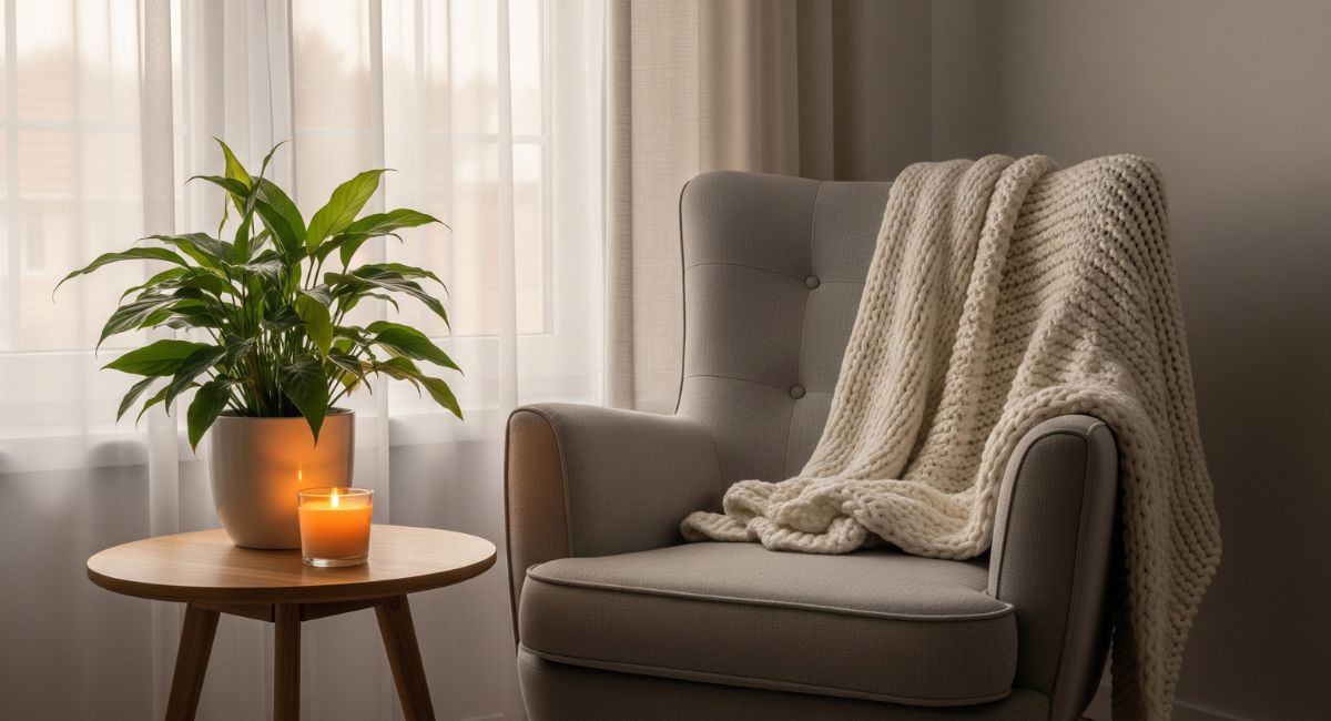 A cozy and serene corner of a room with a comfortable armchair, a soft knit blanket, green plants, and natural light, creating a calm and peaceful home environment.