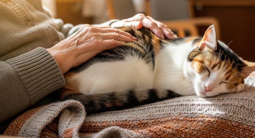 Cat sleeping on human legs with blanket