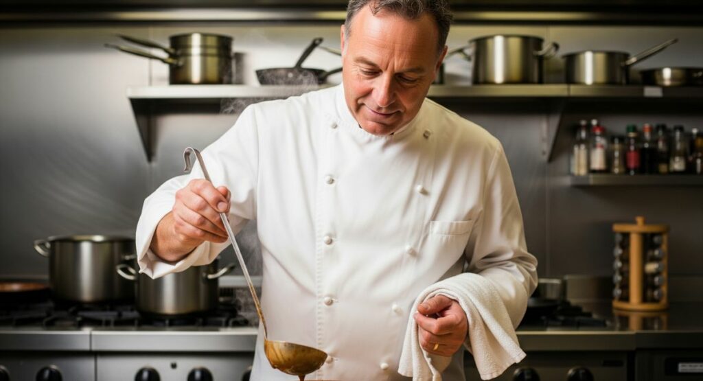 A kind-faced chef in a clean, professional kitchen carefully plating a beautiful gourmet soup, symbolizing dignified meals for the homeless.