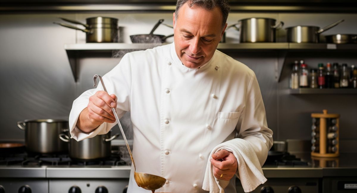 A kind-faced chef in a clean, professional kitchen carefully plating a beautiful gourmet soup, symbolizing dignified meals for the homeless.