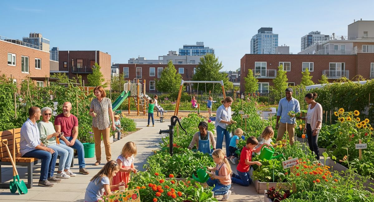 A diverse group of happy community members of all ages working together in a beautiful, sunny urban community garden and park they built together.