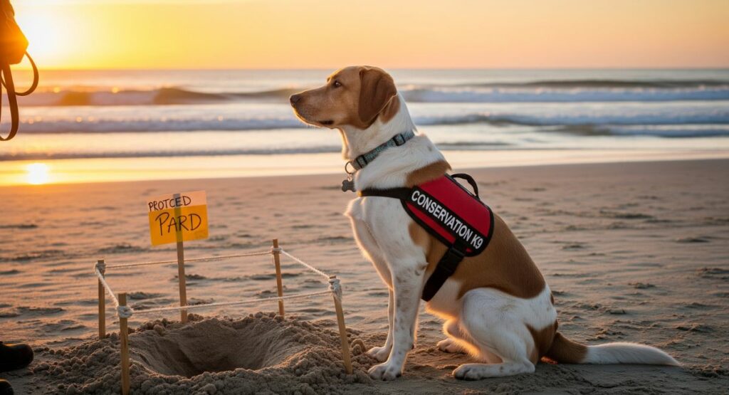 A trained conservation dog wearing a 'working' vest sits proudly on a sandy beach next to a marked-off sea turtle nest, helping scientists with wildlife protection.