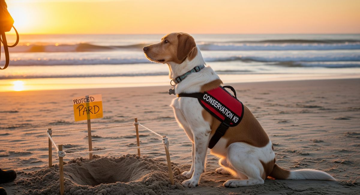 A trained conservation dog wearing a 'working' vest sits proudly on a sandy beach next to a marked-off sea turtle nest, helping scientists with wildlife protection.