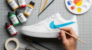 A creative workspace showing a white sneaker being custom painted, surrounded by colorful paints, brushes, and art supplies.