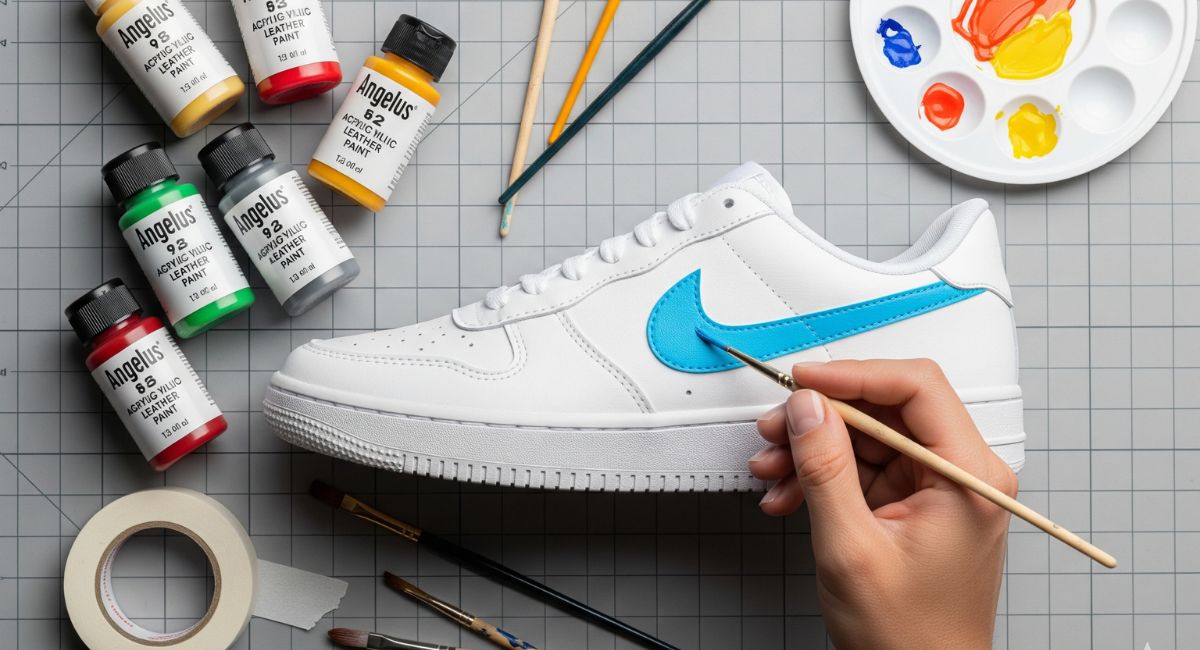 A creative workspace showing a white sneaker being custom painted, surrounded by colorful paints, brushes, and art supplies.