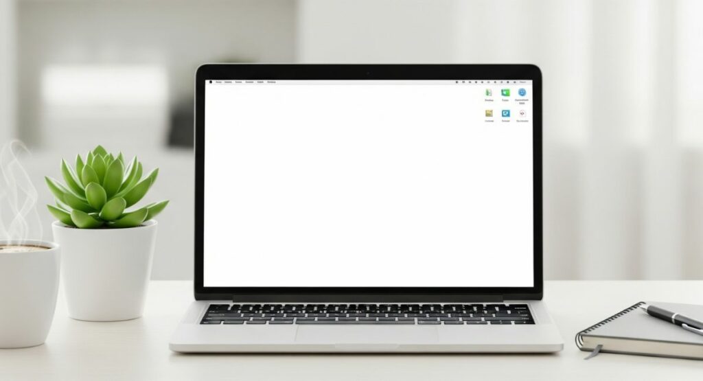 A clean and organized desk with a laptop showing a tidy desktop, a healthy green plant, a cup of coffee, and a notebook, symbolizing a calm and productive digital life.