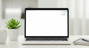 A clean and organized desk with a laptop showing a tidy desktop, a healthy green plant, a cup of coffee, and a notebook, symbolizing a calm and productive digital life.