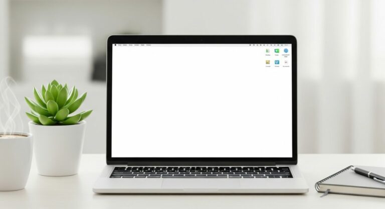 A clean and organized desk with a laptop showing a tidy desktop, a healthy green plant, a cup of coffee, and a notebook, symbolizing a calm and productive digital life.