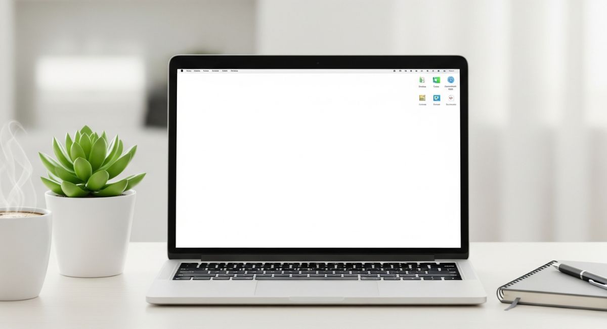 A clean and organized desk with a laptop showing a tidy desktop, a healthy green plant, a cup of coffee, and a notebook, symbolizing a calm and productive digital life.