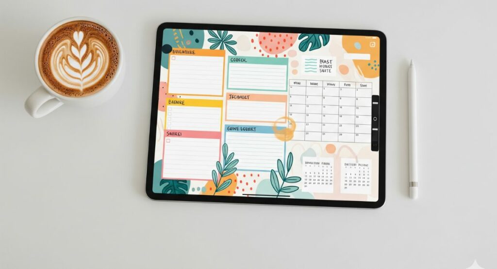 A flat lay of a tablet displaying a beautiful digital journal page, with a stylus and a cup of coffee nearby, showcasing the creative hobby of digital journaling.