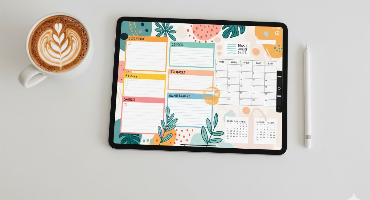 A flat lay of a tablet displaying a beautiful digital journal page, with a stylus and a cup of coffee nearby, showcasing the creative hobby of digital journaling.
