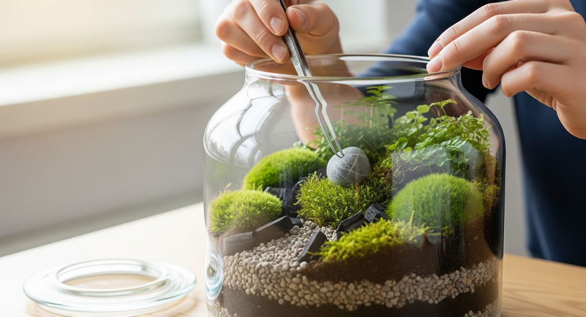 A person's hands adding a final touch to a beautiful, lush closed terrarium in a glass jar, filled with green moss and ferns, sitting on a wooden table.