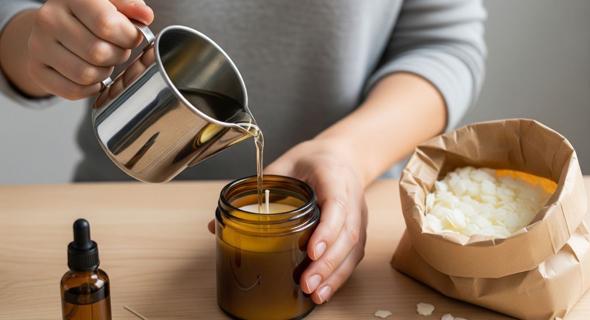 A person's hands carefully pouring melted soy wax into a glass jar, surrounded by candle-making supplies like wax flakes, fragrance oil, and wicks, showcasing a DIY hobby.