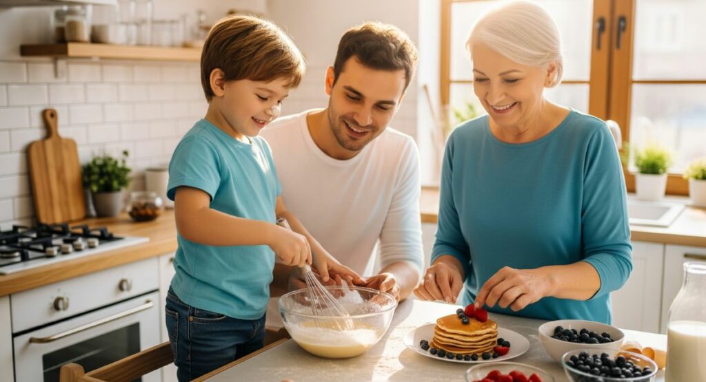 A happy multi-generational family, including a child and grandparent, laughing together while making pancakes in a sunny kitchen, representing the power of family traditions.