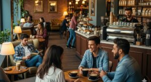 A warm and lively coffee shop filled with a diverse group of people, representing a 'third place' for community and connection.