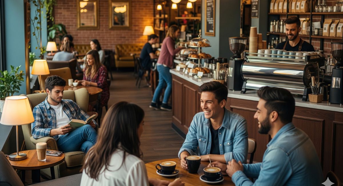 A warm and lively coffee shop filled with a diverse group of people, representing a 'third place' for community and connection.