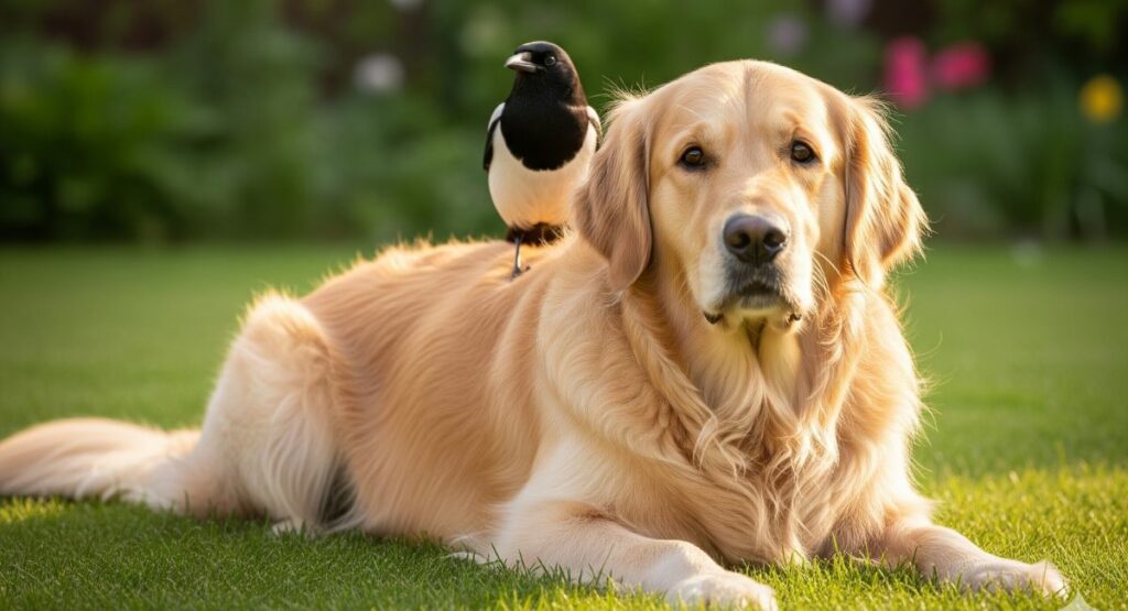 A gentle Golden Retriever lies patiently on a sunny green lawn while a small, curious magpie perches on its back, showcasing an unlikely animal friendship.