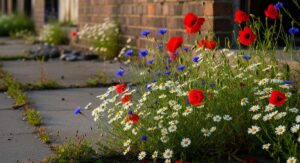 A vibrant patch of colorful wildflowers blooming in a neglected urban space, representing the positive impact of guerrilla gardening.